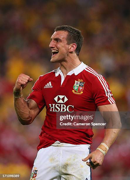 Sam Warburton of the British & Irish Lions celebrates during the First Test match between the Australian Wallabies and the British & Irish Lions at...