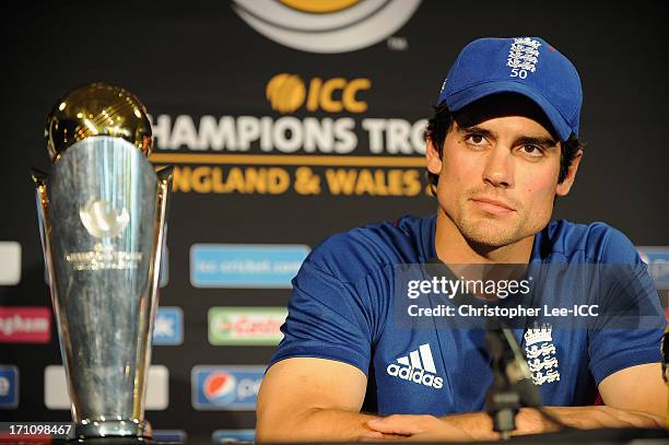 Captain Alastair Cook of England talks to the media prior to the ICC Champions Trophy final against India, at Edgbaston on June 22, 2013 in...