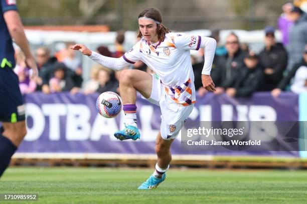 Daniel Bennie of the Glory takes control of the ball during the A-League Mens pre-season match between Perth Glory and Melbourne Victory at Bunbury...
