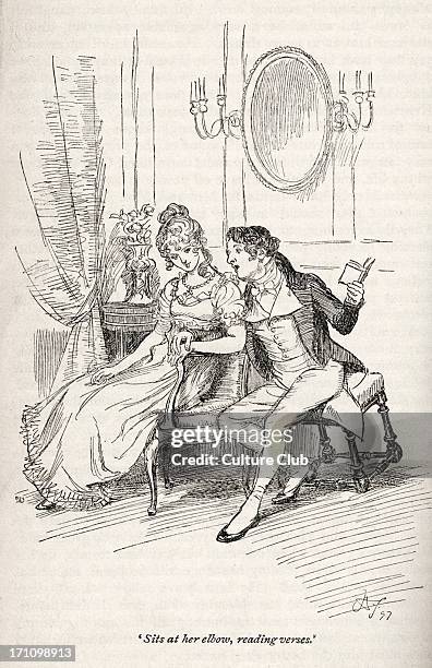 Jane Austen' s novel ' Persuasion' - Written 1816 and published 1818. Caption reads: ' Sits at her elbow, reading verses', edition illustrated by...