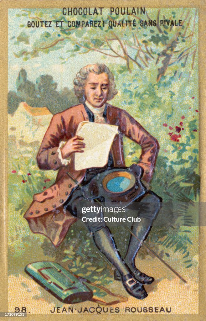 Jean Jacques Rousseau - illustration depicting him sitting outdoors reading - Swiss / French philosopher, writer