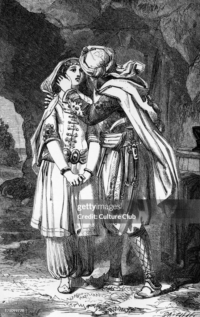 George Gordon Byron / Lord Byron - illustration of a scene from the poem 'The Bride of Abydos' by the English poet. 'Dauntless he stood - "'Tis come - soon past - one kiss, Zuleika - 'tis my last".'