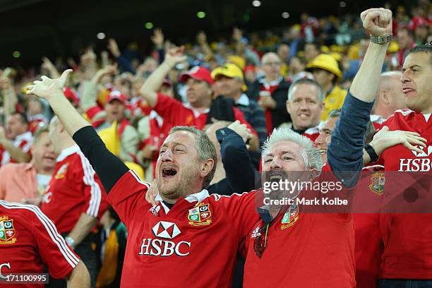 Lions supporters cheer during the First Test match between the Australian Wallabies and the British & Irish Lions at Suncorp Stadium on June 22, 2013...