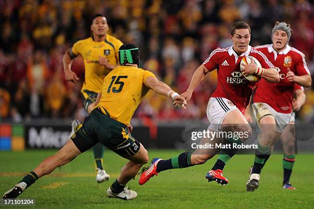 George North on his way to opening score for the Lions during the First Test match between the Australian Wallabies and the British & Irish Lions at...