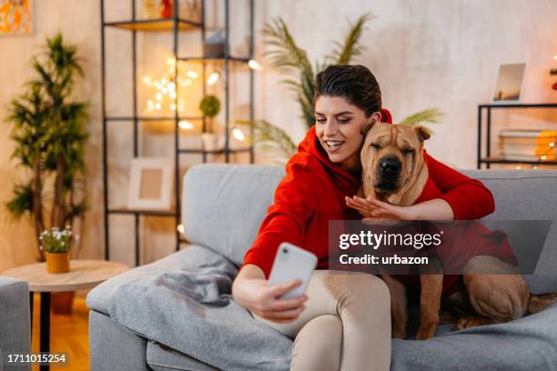 young woman having a video call while sitting with her dog at home - animal waving stock pictures, royalty-free photos & images