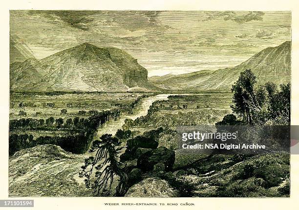 weber riber at the entrance to echo canyon, utah - wasatch mountains stock illustrations