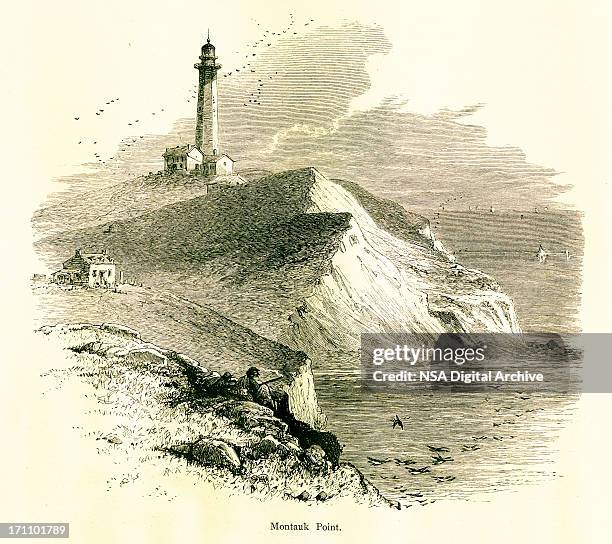 montauk point, eastern long island | historic american illustrations - montauk lighthouse stock illustrations