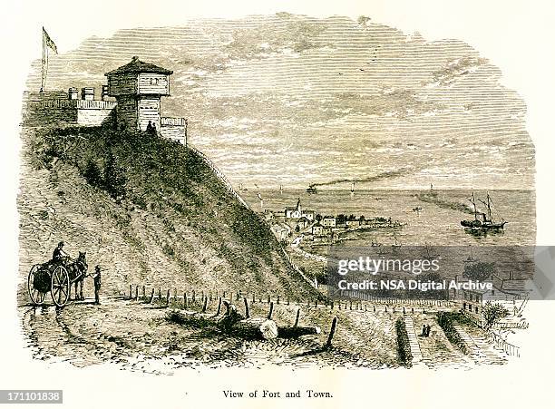 the fort and town of mackinaw, michigan - huron nation stock illustrations