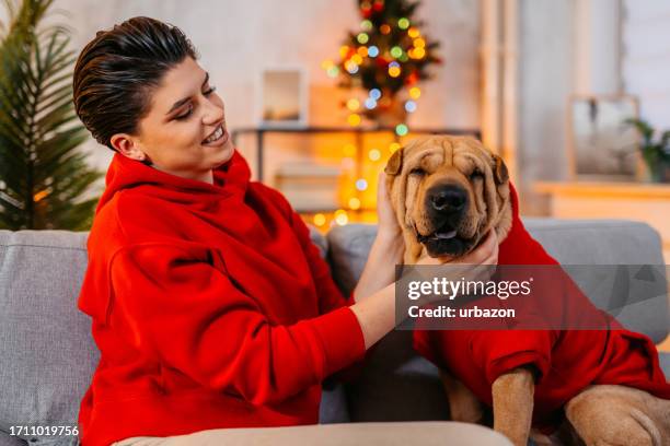 young woman petting her dog on the sofa at christmas - matching outfits stock pictures, royalty-free photos & images