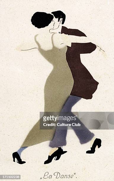 Dancing couple. Caption: 'La Danse'. Man and woman in elegant ballroom glide. Tango