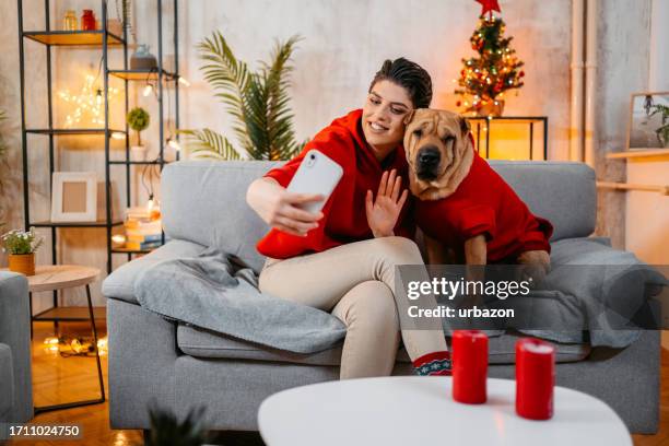 young woman having a video call while sitting with her dog at home at christmas - animal waving stock pictures, royalty-free photos & images