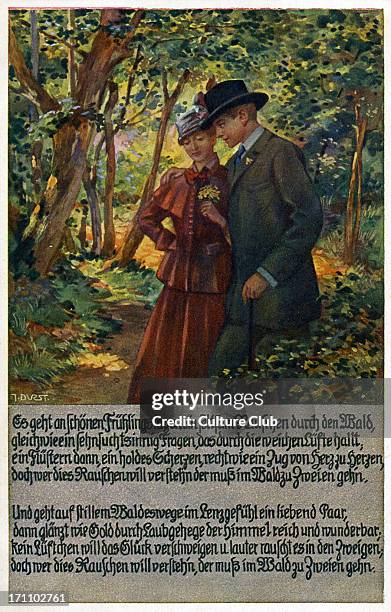 Couple walking through a wooded area. Caption: 'On fine Spring days a curious rustling goes through the woods, just like a wishful question echoing...