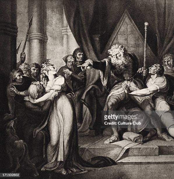 William Shakespeare 's play Macbeth. Act III Scene IV. Engraving of scene. King Lear banishes his daughter Cordelia. English poet and playwright. 26...