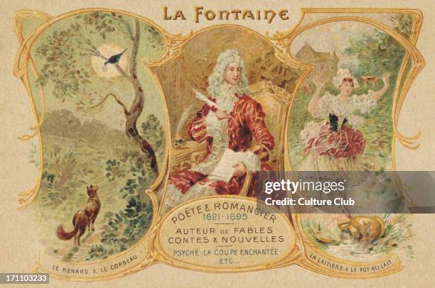 Jean de La Fontaine - French poet Sat in chair writing, with 'Le renard & le corbeau' and 'La laitiere & le pot-au lait' JF: 8 July, 1621  13 April...