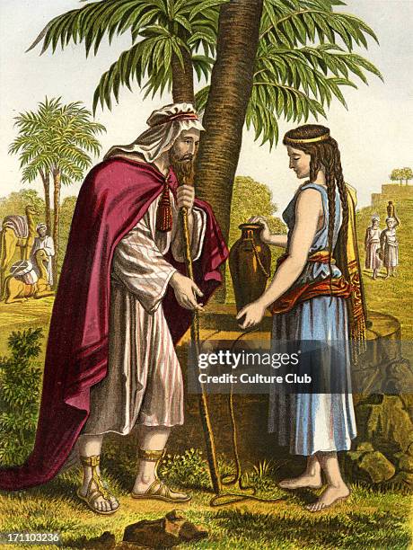 Rebekah meets Abraham 's servant Eliezer at the well outside the city of Nahor. She returns with him to Canaan and marries Isaac, Abraham 's son....