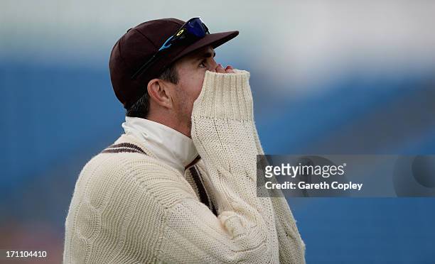 Kevin Pietersen leaves the field as bad light stops play during day two of the LV County Championship Division One match between Yorkshire and Surrey...