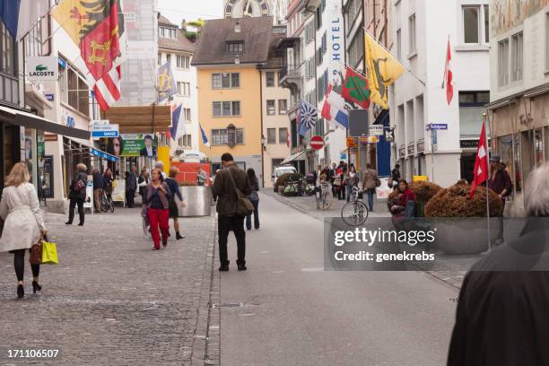 street scene in zurich, spring afternoon - rennweg stock pictures, royalty-free photos & images