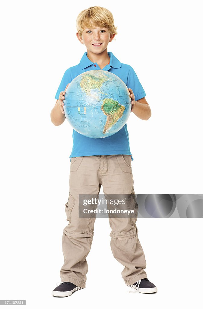 Young Boy Holding a Globe - Isolated