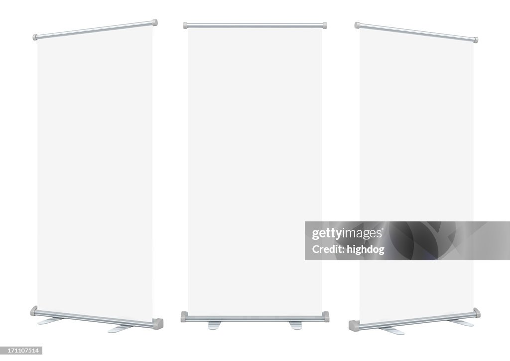 Three isolated blank roll up banner displays