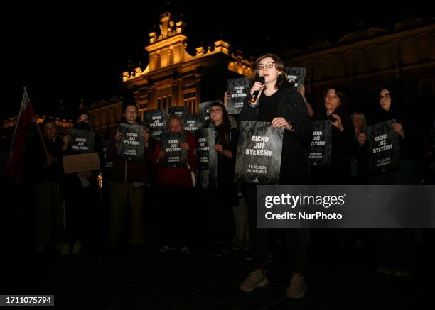 Protest at the City Hall Tower organized by the We have already been quiet movement on October 6, 2023 in Krakow, Poland. The 'Wschod' initiative...