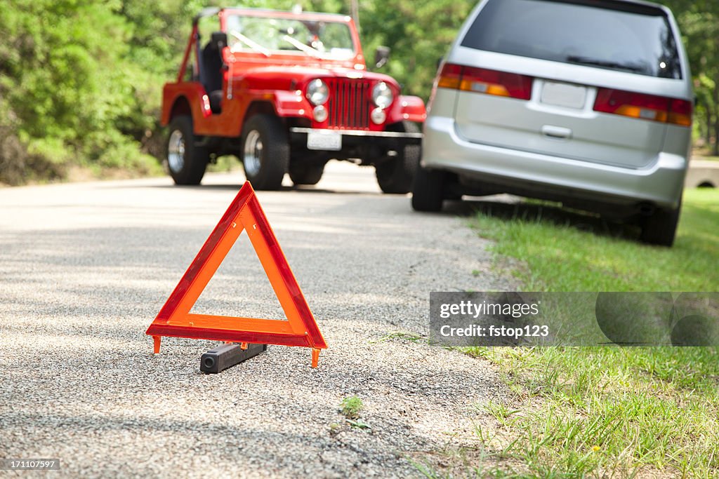 Two Cars Sign Two Car Accident With Focus On Orange Triangle Warning Sign High-Res ...