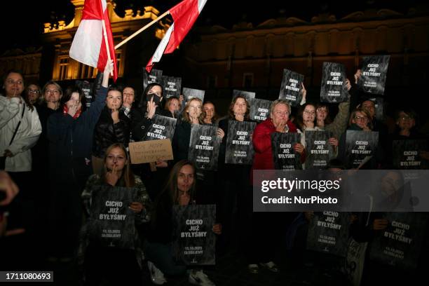 Protest at the City Hall Tower organized by the We have already been quiet movement on October 6, 2023 in Krakow, Poland. The 'Wschod' initiative...