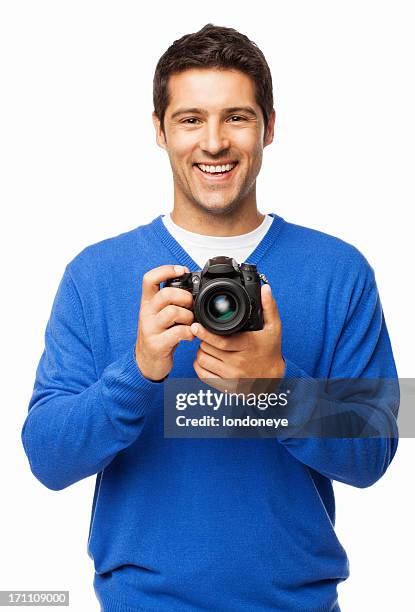 young man holding dslr camera - isolated - camera white background stock pictures, royalty-free photos & images