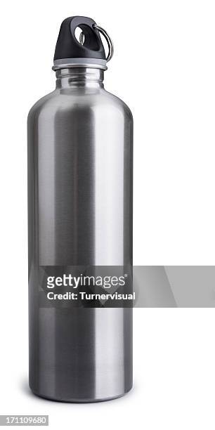 stainless steel drink bottle isolated + clipping path - flask stock pictures, royalty-free photos & images