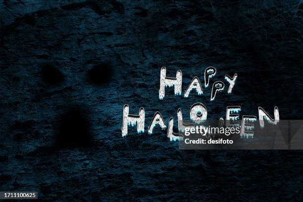 rustic dark grey black blue gradient color scratched old cracked textured wall , spooky background with one glowing abstract angry sad crying ghost silhouette shadow and text happy halloween - slate background stock illustrations