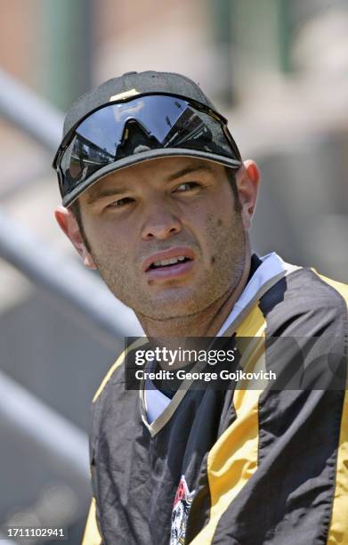 Freddy Sanchez of the Pittsburgh Pirates looks on from the dugout before a game against the Washington Nationals at PNC Park on June 22, 2005 in...