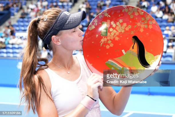 Veronika Kudermetova poses with the trophy after defeating Jessica Pegula of the United States their singls final match on day seven of the Toray Pan...