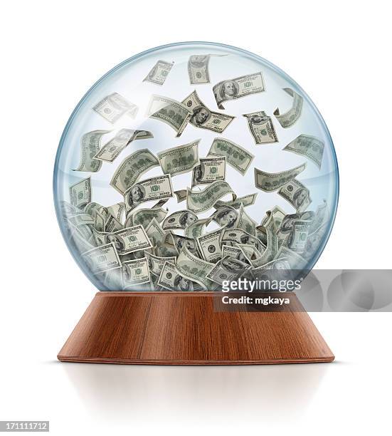 money in snow globe - empty snow globe stockfoto's en -beelden