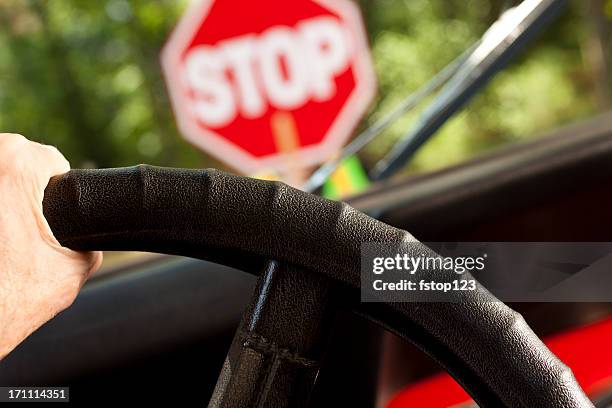 driving car stopped at construction or school crossing stop sign. - stop single word stock pictures, royalty-free photos & images