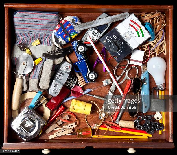 junk in a drawer - obsolete stock pictures, royalty-free photos & images