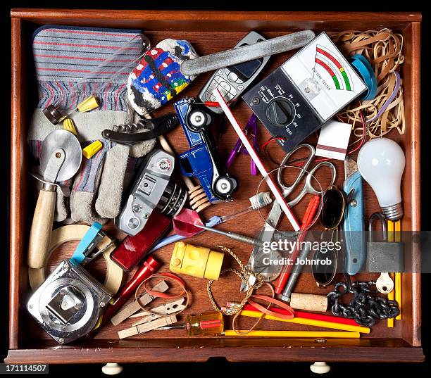 junk in a drawer - drawer stock pictures, royalty-free photos & images