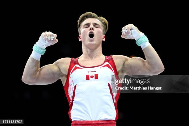 Felix Dolci of Team Canada celebrates after his routine on Rings during Men's Qualifications on Day Two of the FIG Artistic Gymnastics World...
