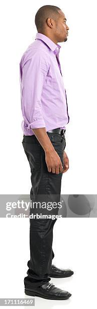 full length profile view of man - black trousers stockfoto's en -beelden