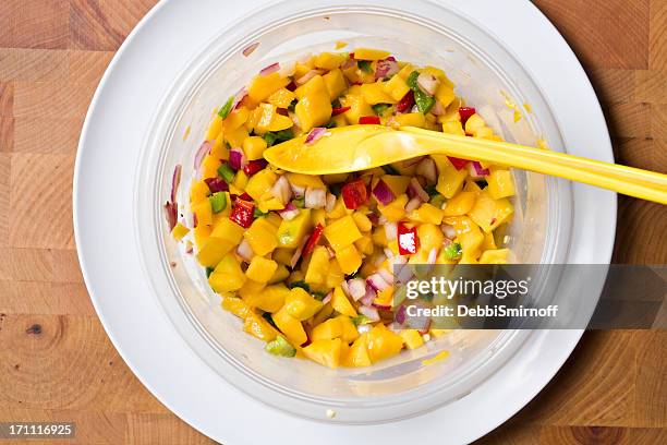 mango sauce - mango salsa overhead stock pictures, royalty-free photos & images