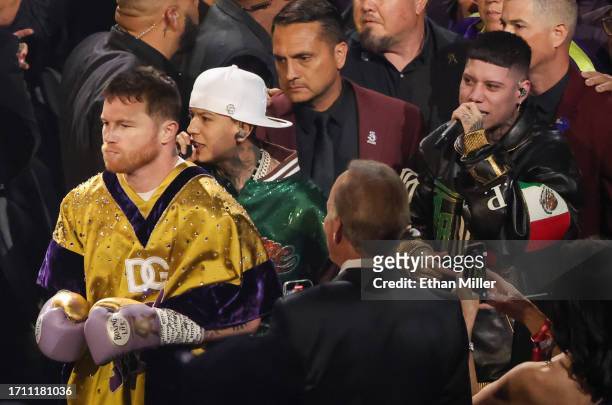 Canelo Alvarez makes his ring walk with rappers Tornillo Vazquez and Santa Fe Klan before Alvarez's super middleweight title fight against Jermell...