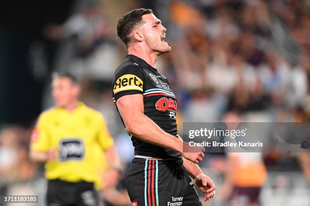 Nathan Cleary of the Panthers celebrates scoring a try during the 2023 NRL Grand Final match between Penrith Panthers and Brisbane Broncos at Accor...