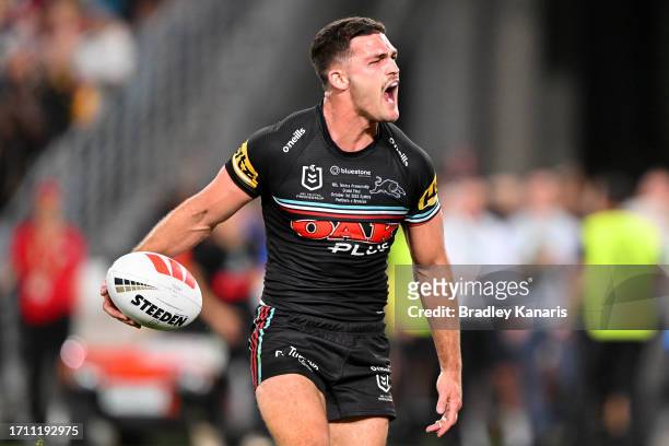 Nathan Cleary of the Panthers celebrates scoring a try during the 2023 NRL Grand Final match between Penrith Panthers and Brisbane Broncos at Accor...