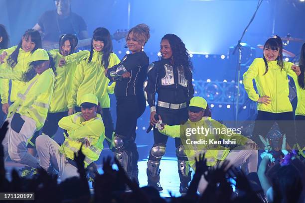 Tionne 'T-Boz' Watkins and Rozonda 'Chilli' Thomas of TLC perfom onstage during the MTV VMAJ 2013 at Makuhari Messe on June 22, 2013 in Chiba, Japan.