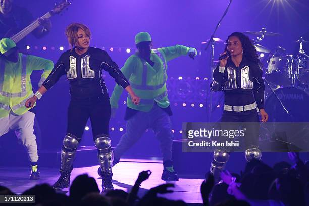 Tionne 'T-Boz' Watkins and Rozonda 'Chilli' Thomas of TLC perfom onstage during the MTV VMAJ 2013 at Makuhari Messe on June 22, 2013 in Chiba, Japan.