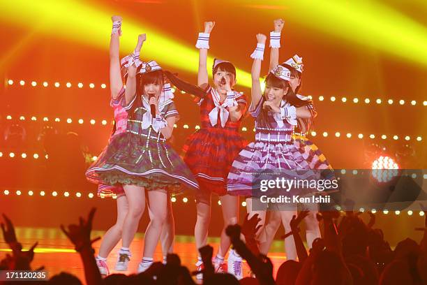 Idol group Momoiro Clover Z perfoms onstage during the MTV VMAJ 2013 at Makuhari Messe on June 22, 2013 in Chiba, Japan.