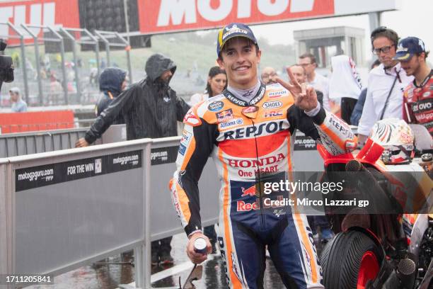 Marc Marquez of Spain and Repsol Honda Team celebrates the third place under the podium during the MotoGP race during the MotoGP of Japan - Race at...