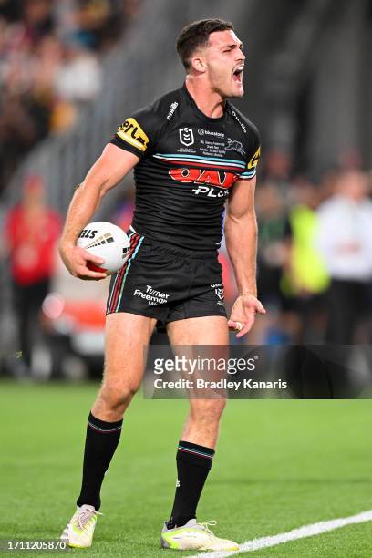 Nathan Cleary of the Panthers celebrates scoring a try during the 2023 NRL Grand Final match between Penrith Panthers and Brisbane Broncos at Accor...