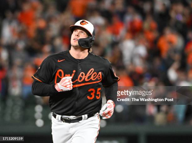 Baltimore Orioles catcher Adley Rutschman looks to the sky after smacking a two run homer in the 3rd inning off Washington Nationals starting pitcher...