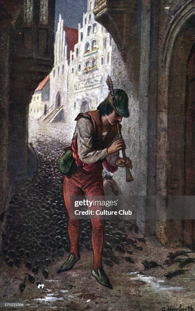 The Pied Piper of Hammelin. Illustration showing the rat-catcher luring the rats away from the town by playing his enchanted pipe. Der Rattenfanger von Hameln by O.Berrfurth.