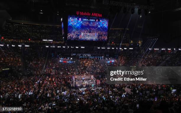 General view shows the ring at the start of the super middleweight title fight between Canelo Alvarez and Jermell Charlo at T-Mobile Arena on...