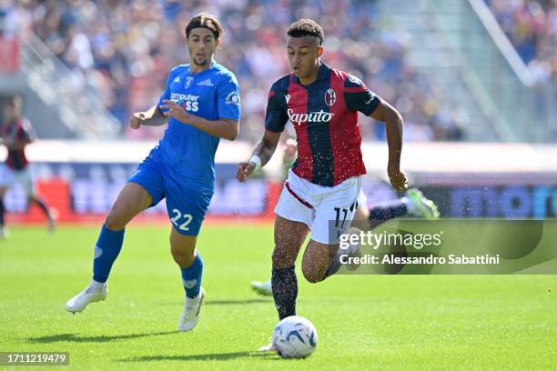 Dan Ndoye of Bologna FC in action during the Serie A TIM match between Bologna FC and Empoli FC at Stadio Renato Dall'Ara on October 01, 2023 in...